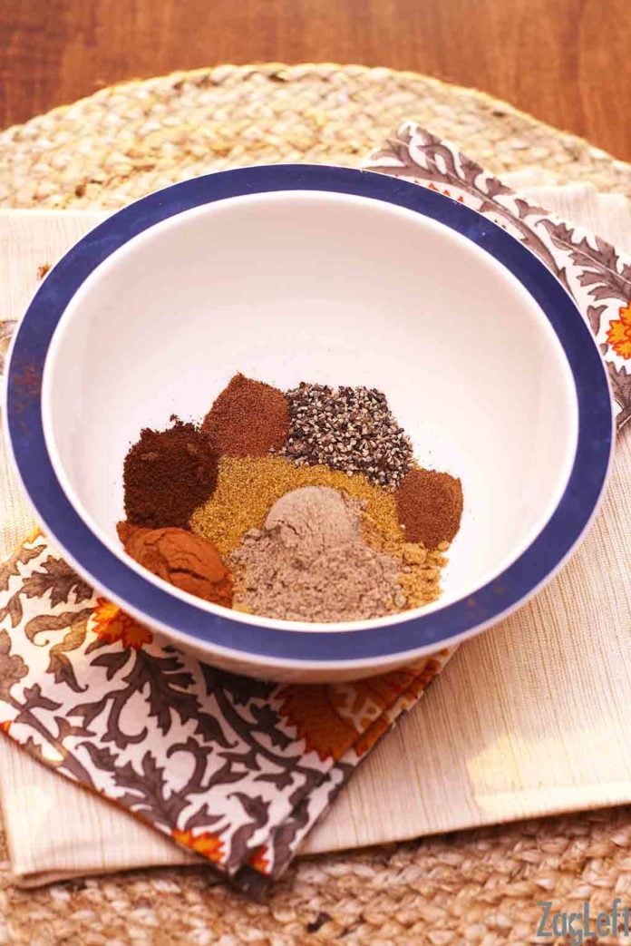 Mixing spices for garam masala in a bowl before mixed.