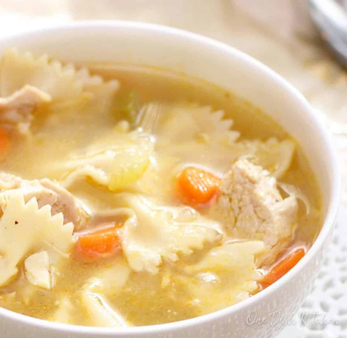 Close-up of small batch chicken soup featuring tender chicken and bowtie pasta.