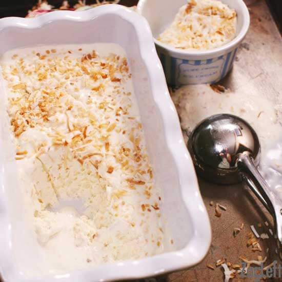 toasted coconut ice cream in a baking dish.