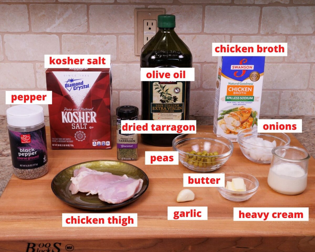 ingredients needed to make low carb chicken fricassee on a wooden counter