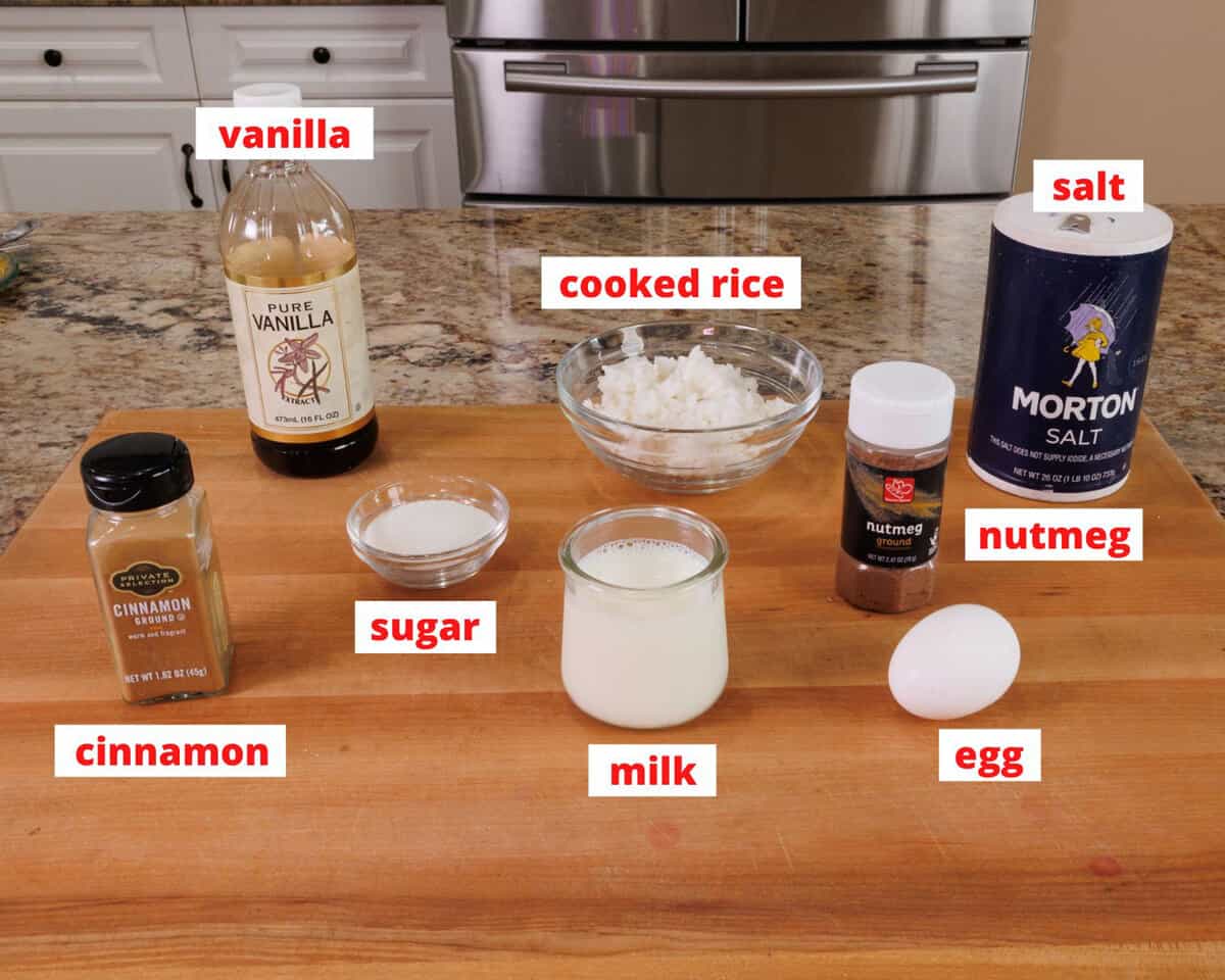 rice pudding ingredients on a kitchen counter