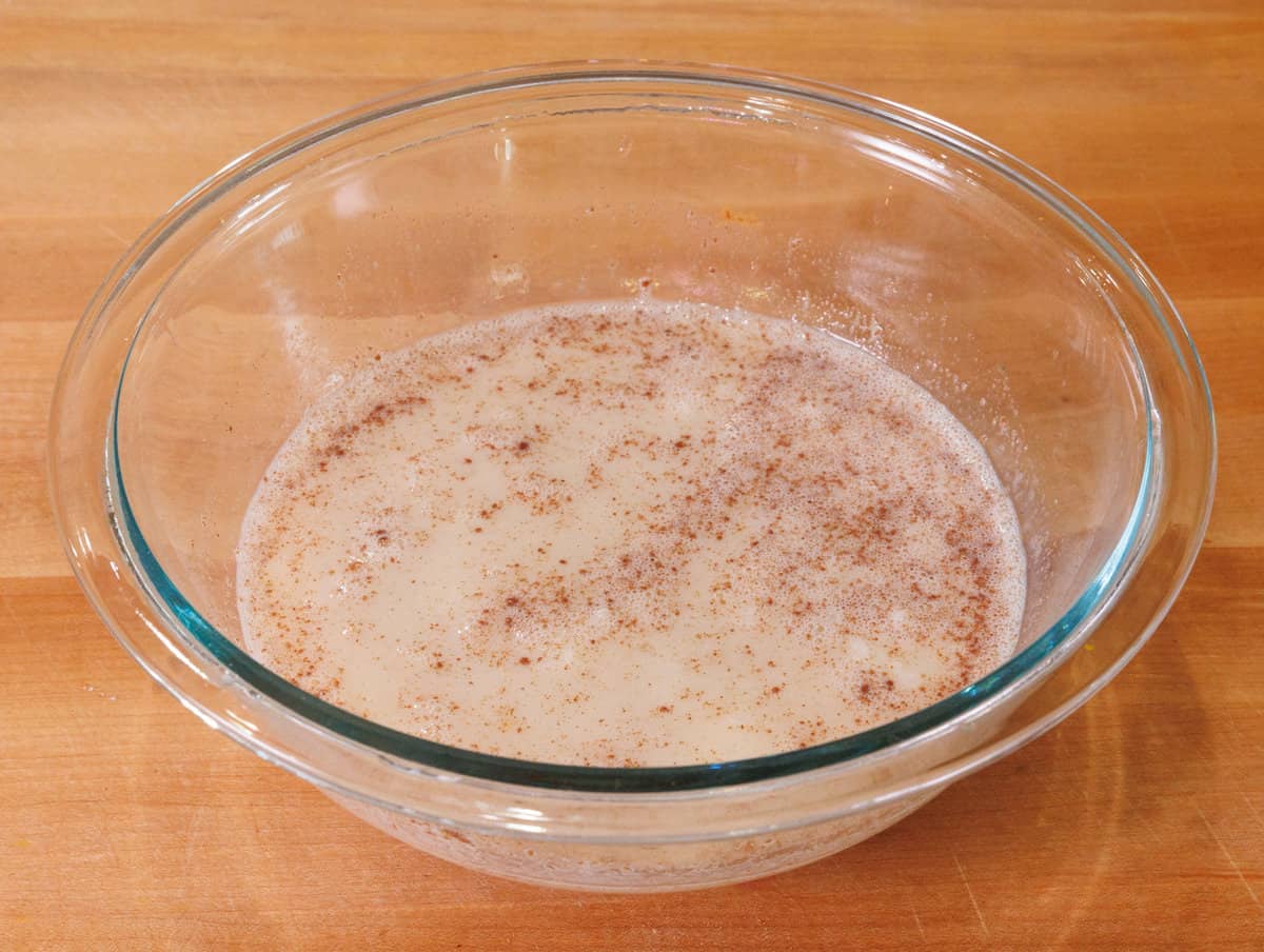 rice pudding ingredients in a mixing bowl.