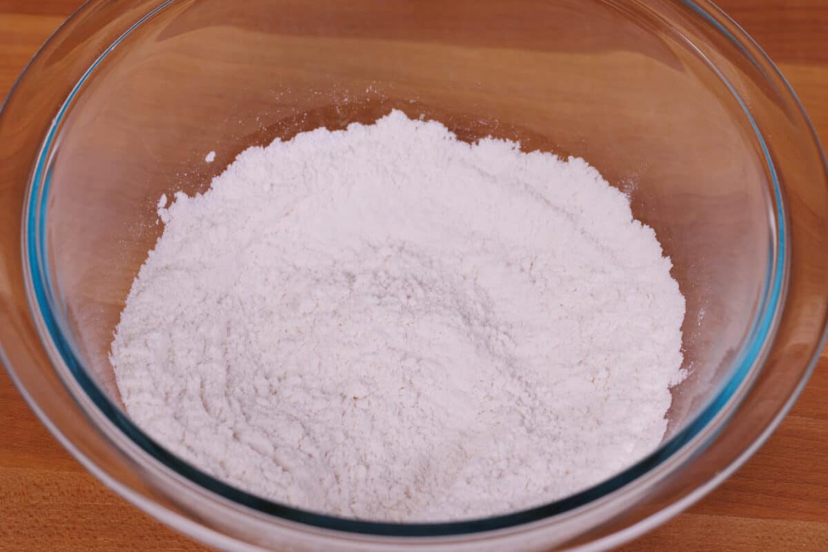 flour and baking powder in a mixing bowl