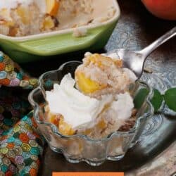 a spoon in a bowl of peach rice pudding on a silver tray.