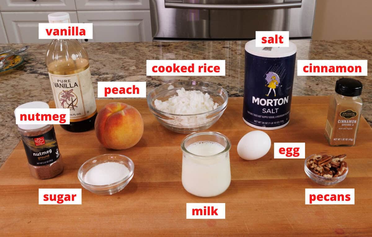 peaches and cream dessert ingredients on a kitchen counter.