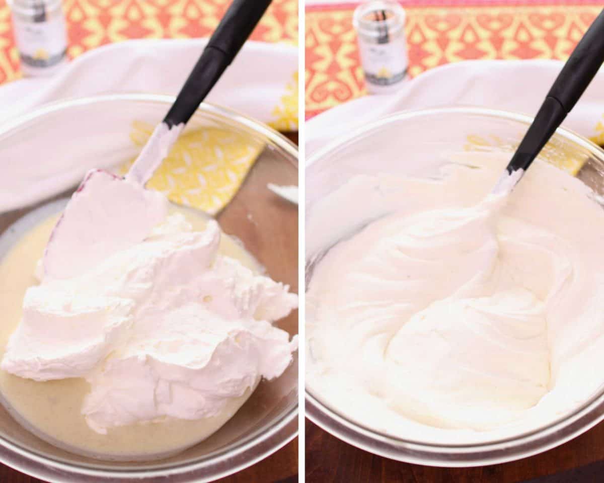 two pictures showing how to blend whipped cream into sweetened condensed milk.