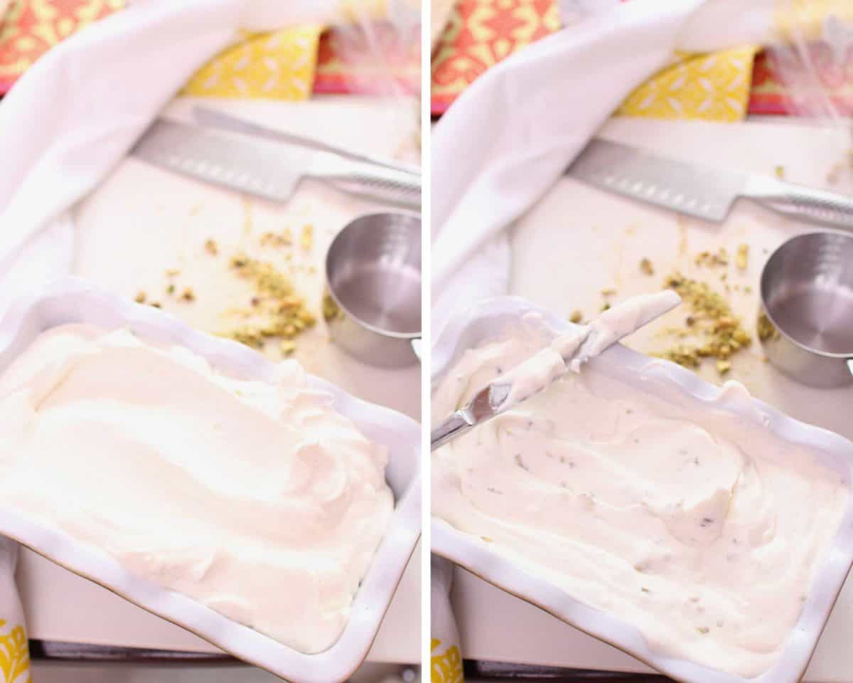 two pictures of pistachio ice cream in a rectangular dish. One with pistachios and the other picture is without nuts.