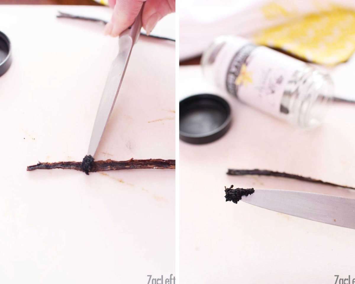 One picture showing how to scrape the beans out of a vanilla pod and a close up of what the vanilla beans look like.