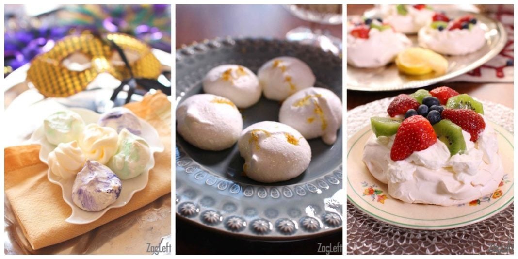 Three Different types of meringue cookies: yellow, green, and purple mardi gras meringues, lemon meringues, and a pavlova topped with strawberries, kiwi and blueberries |