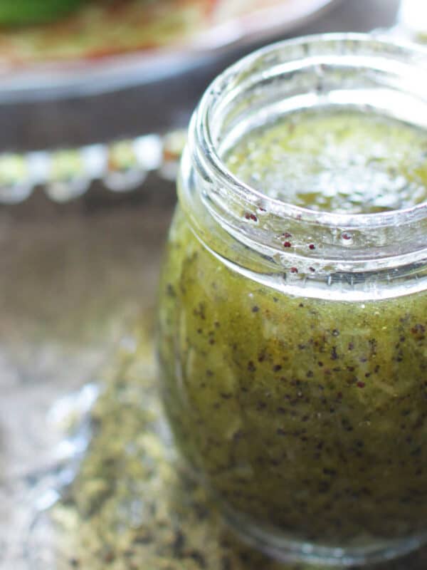 a small jar of poppy seed dressing.