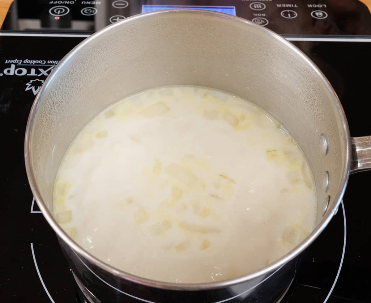 creamy soup simmering in a small pot on the stove