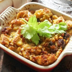 small batch sausage stuffing on a silver tray.
