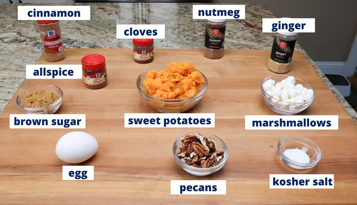 sweet potato casserole ingredients on a kitchen counter.