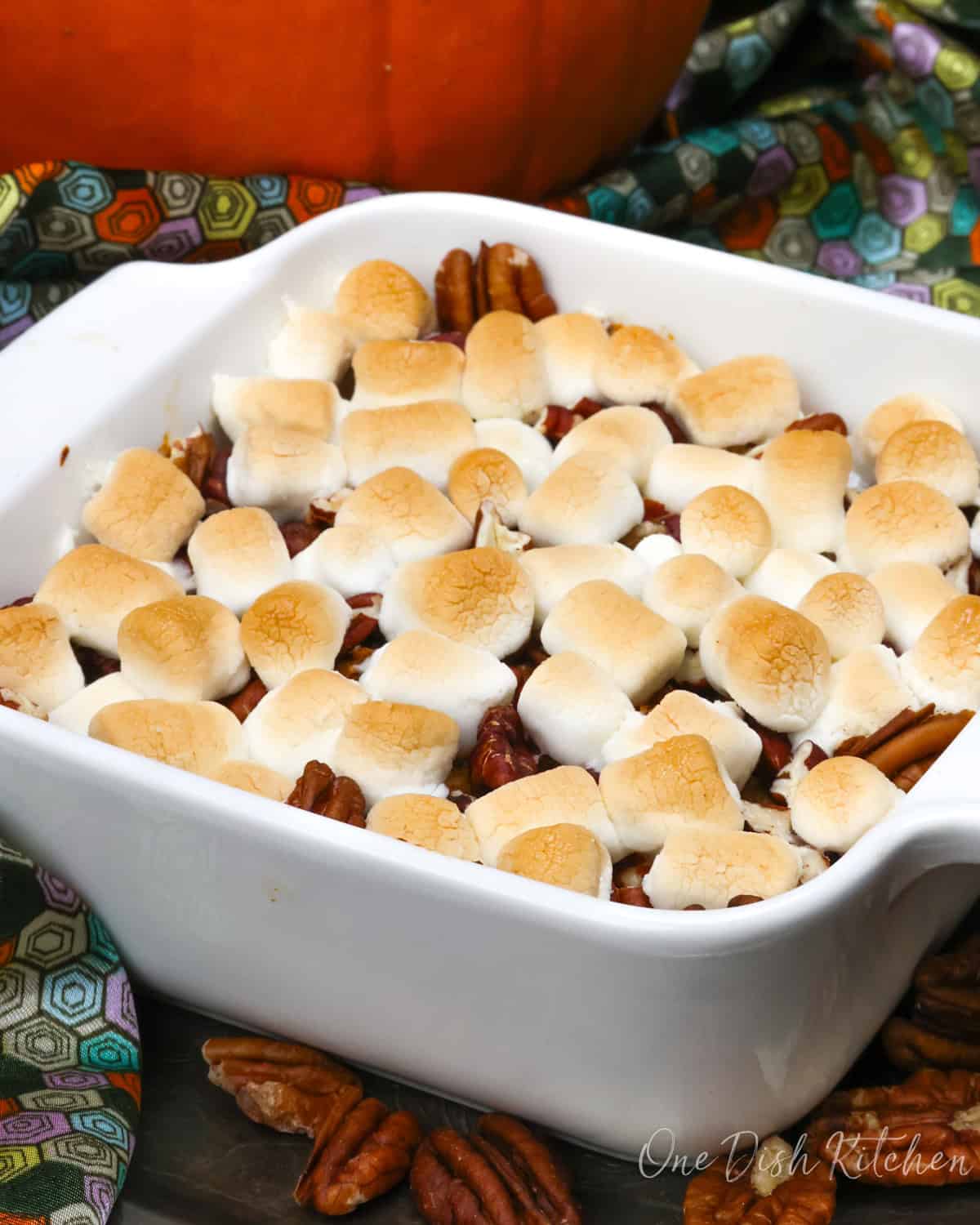 a mini sweet potato casserole with marshmallows.