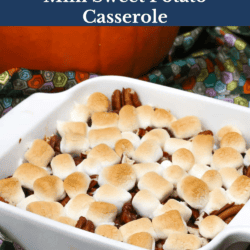 a small sweet potato casserole topped with toasted marshmallows and pecans.