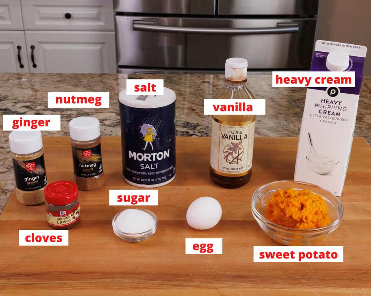 sweet potato pie ingredients on a kitchen counter.