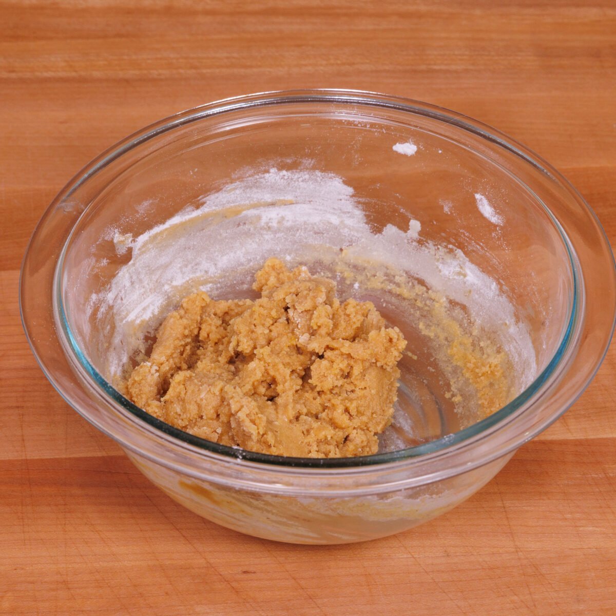 peanut butter cookie batter in a mixing bowl.