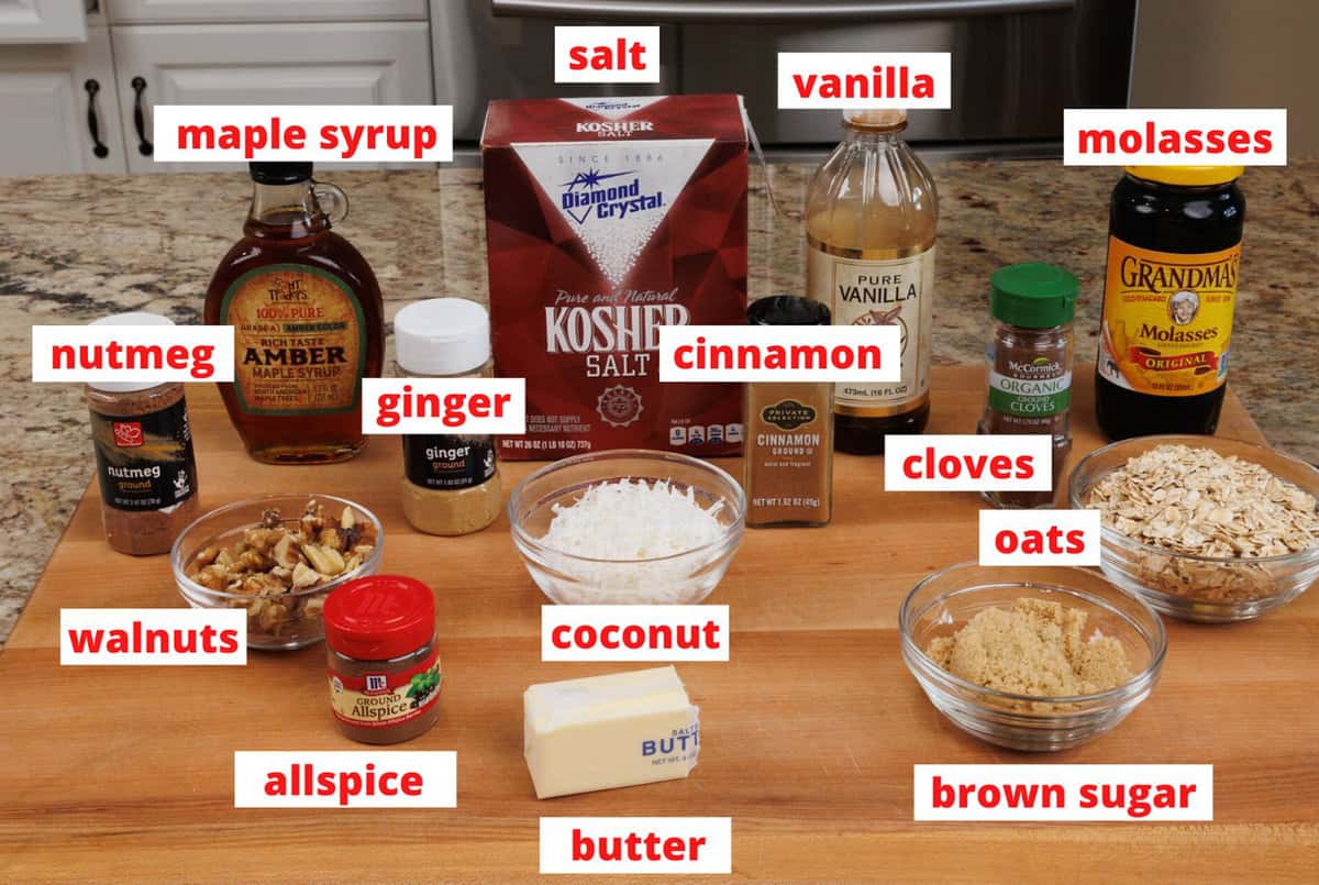 gingerbread granola ingredients on a kitchen counter