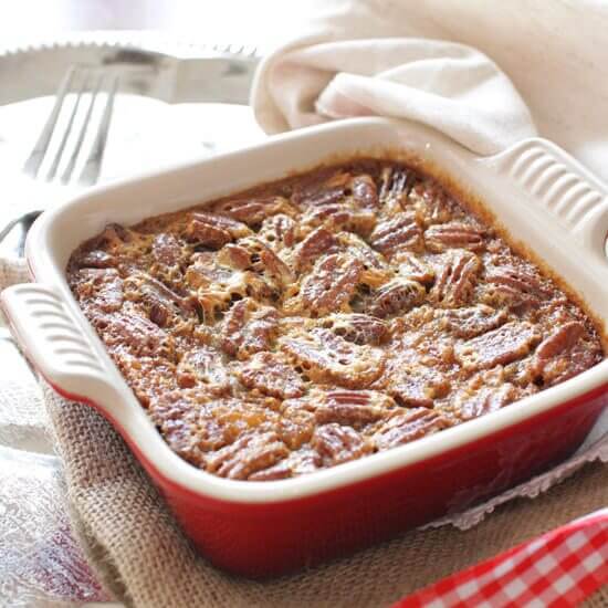 Finished Pecan Pie shown in a baking dish.