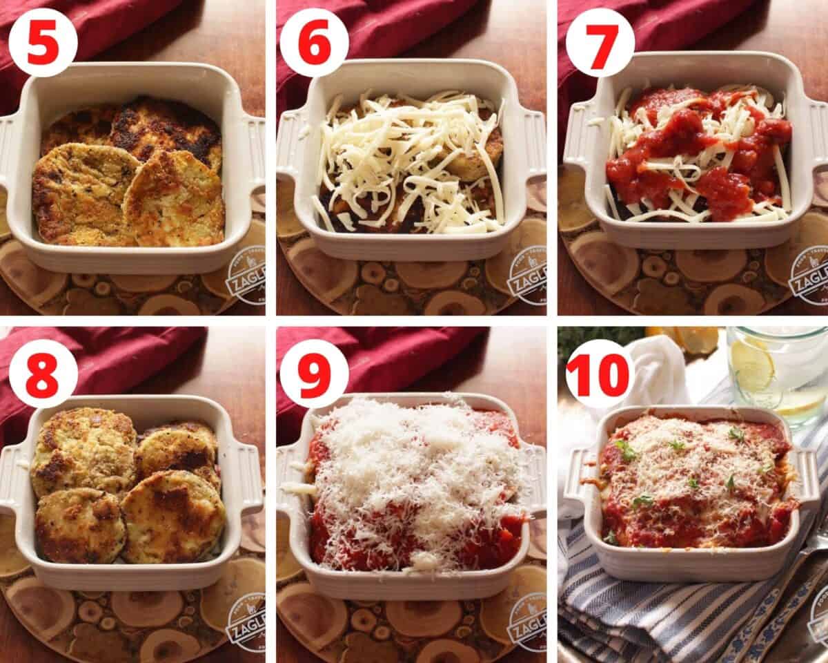 six photos showing how to make eggplant parmesan.
