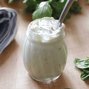 a small jar of salad dressing next to fresh spinach leaves and a blue napkin.