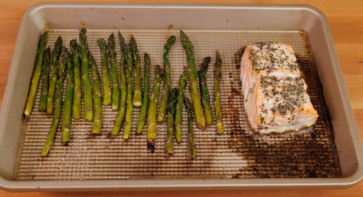 roasted salmon and asparagus on a sheet pan