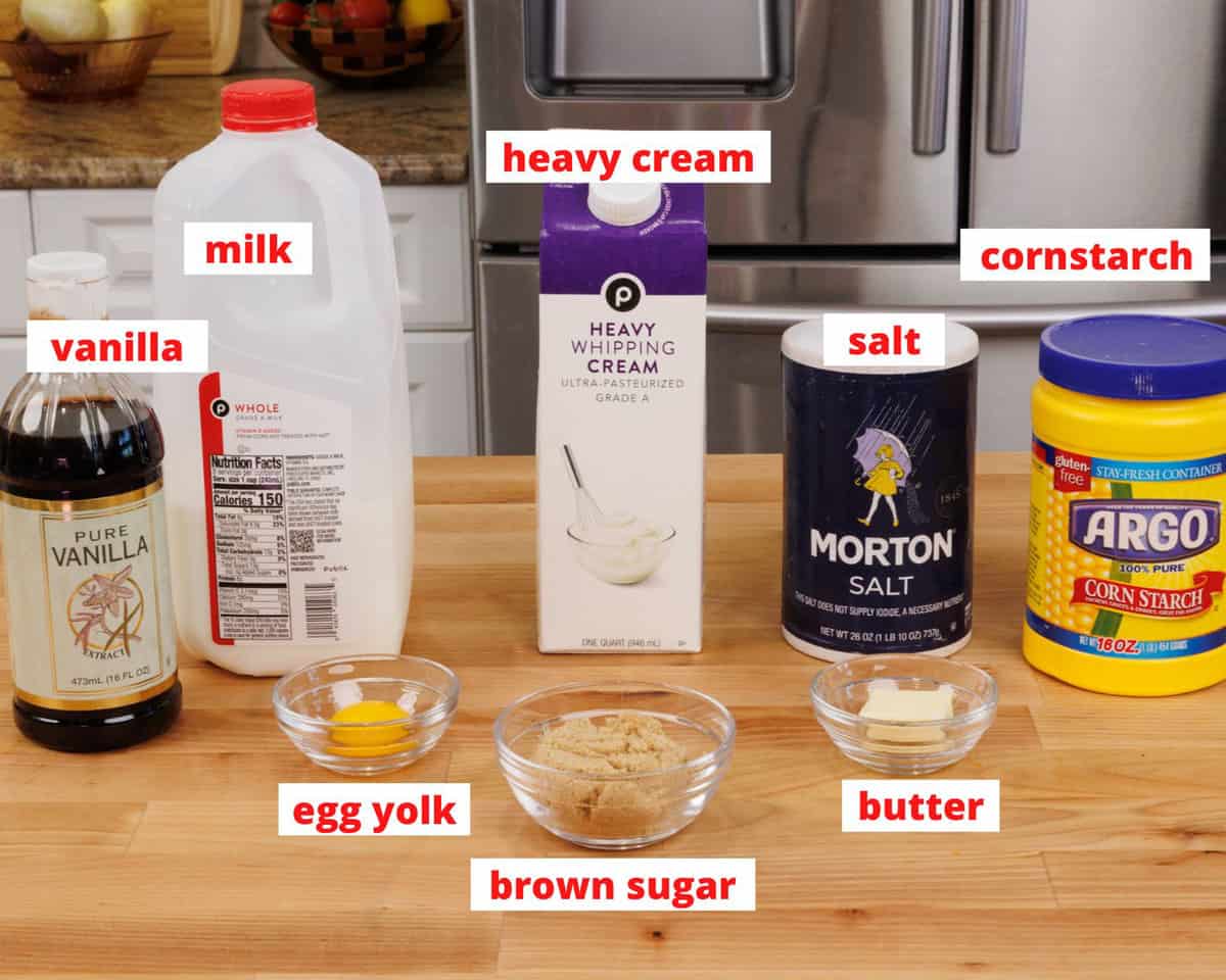 butterscotch pudding ingredients on a kitchen counter