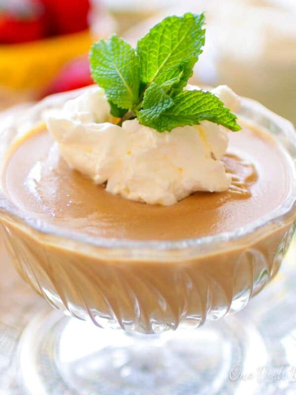 a small bowl of homemade butterscotch pudding.
