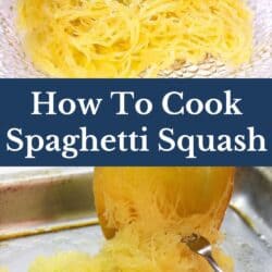 a baked spaghetti squash with a fork pulling the squash strands out.