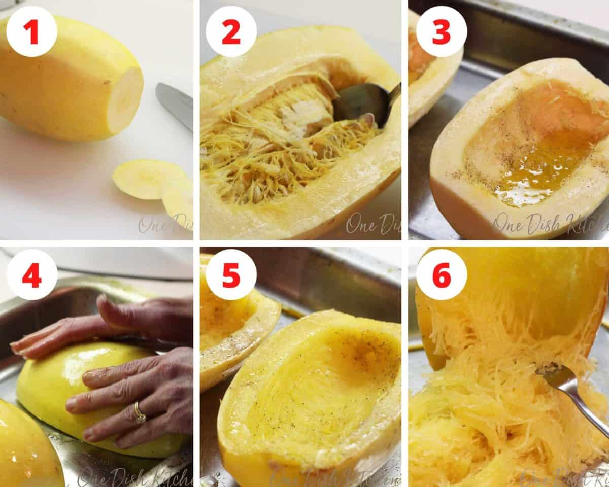 six steps showing the process of cooking spaghetti squash.