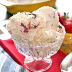 glass dessert dish filled with Strawberry Chocolate Chunk Ice Cream.
