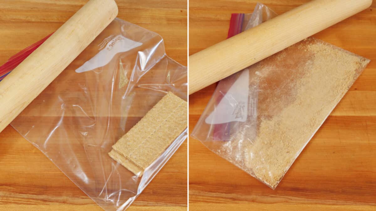 graham crackers in a zip top bag next to a rolling pin