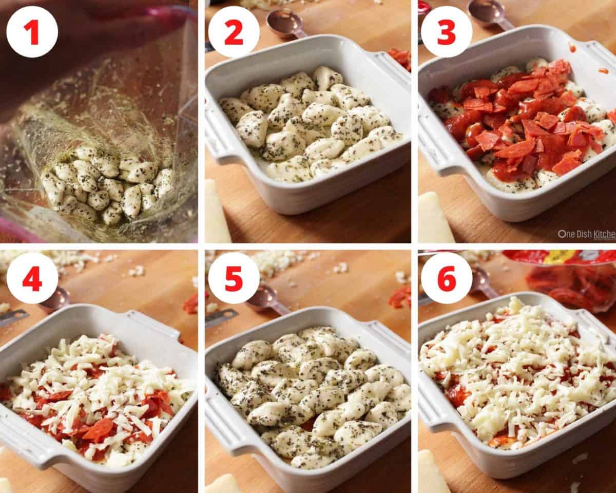 Six photos showing how to make pizza monkey bread in a small square baking dish.