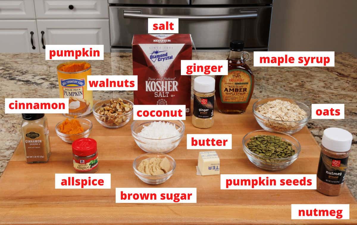 pumpkin spice granola ingredients on a kitchen counter