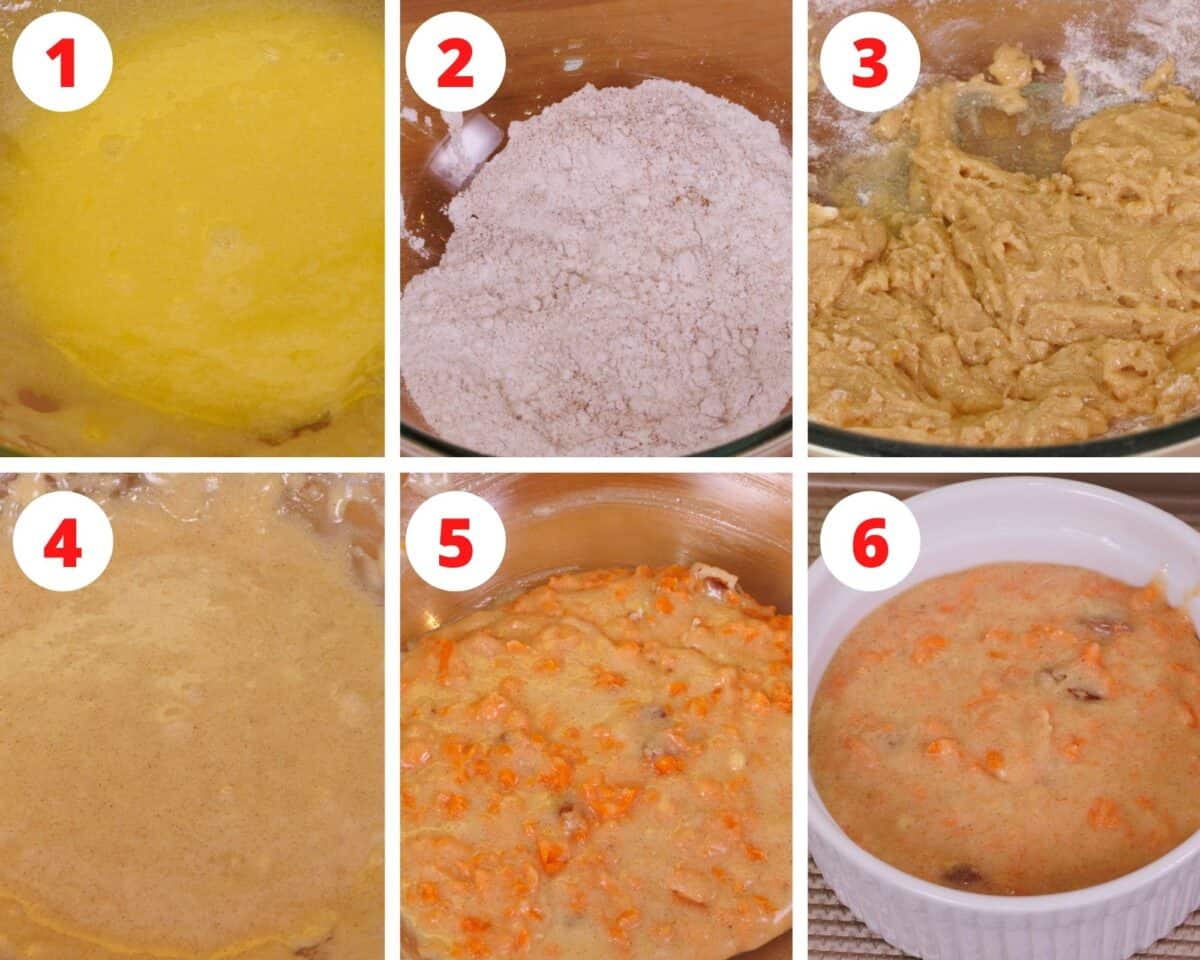 six photos showing how to make a carrot cake.
