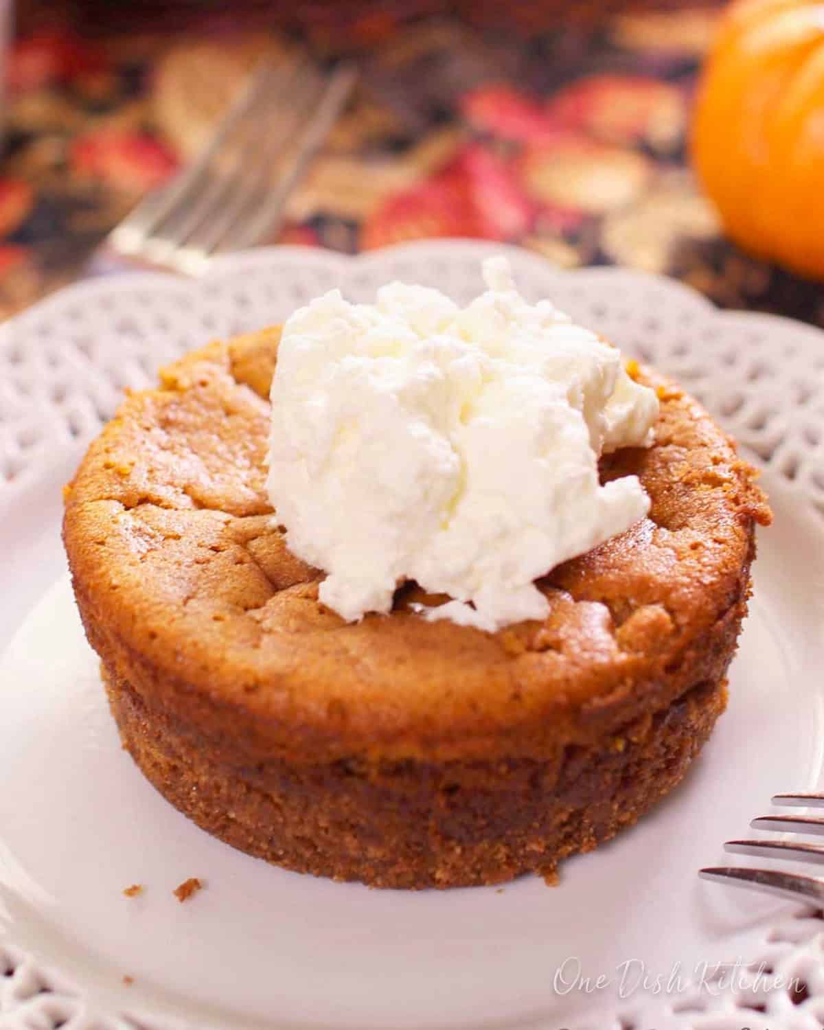 a mini pumpkin pie on a white plate next to a bowl of small miniature pumpkins.