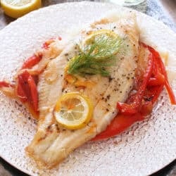 baked catfish topped with lemon slices on a bed of vegetables.