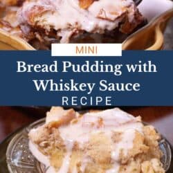 bread pudding topped with whiskey sauce on a plate.
