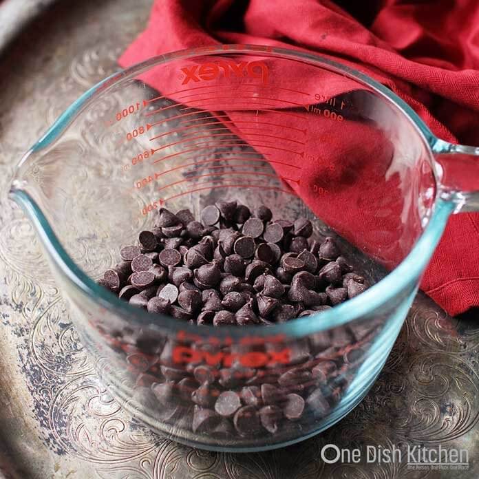 chocolate chips in a glass bowl.