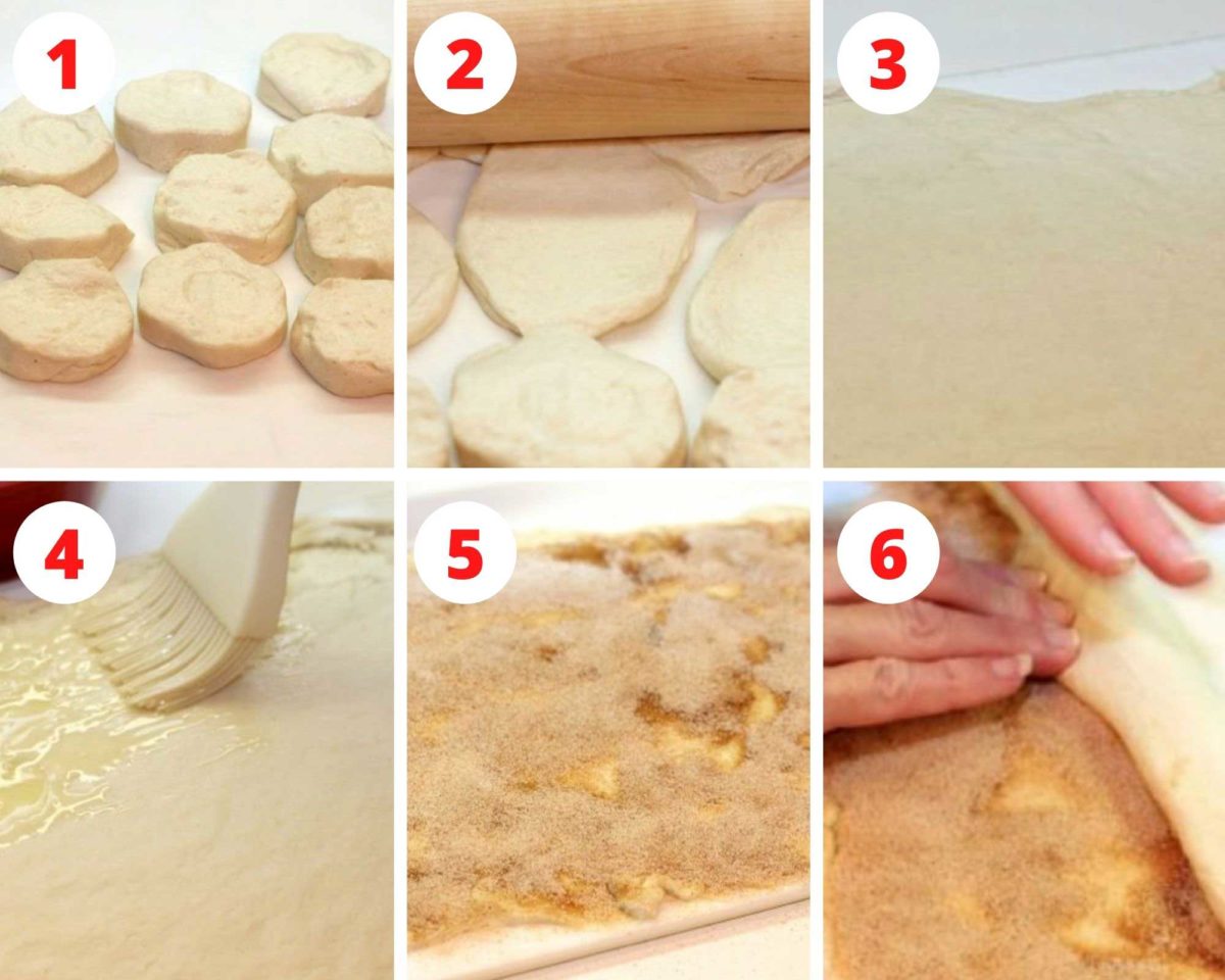 6 steps showing how to make cinnamon rolls.
