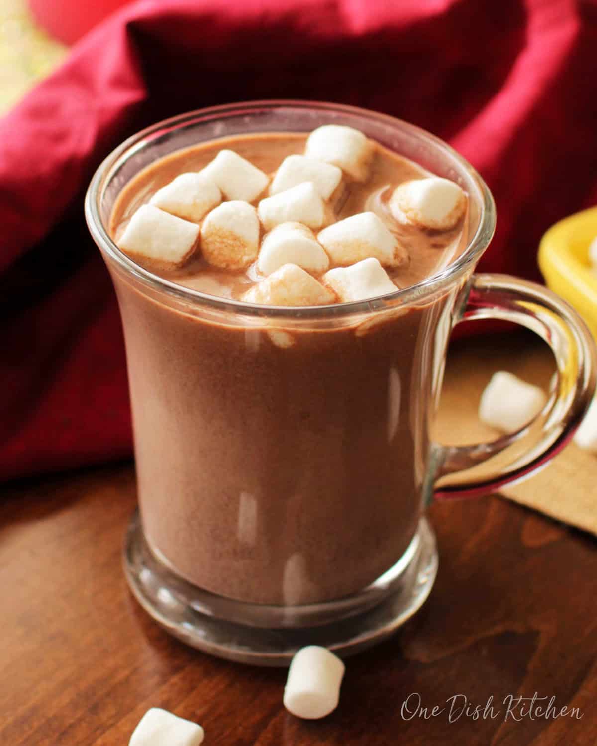 a mug of rich, creamy hot chocolate topped with soft marshmallows.