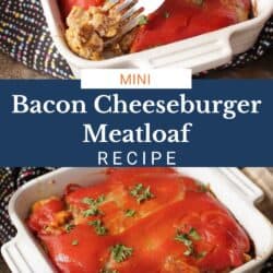 a small bacon cheeseburger meatloaf in a white baking dish.