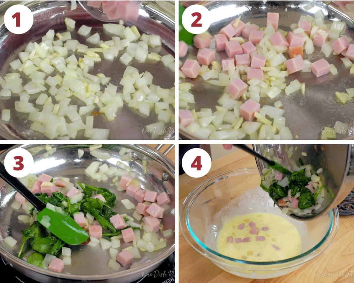 four photos showing how to make a spinach quiche filling.