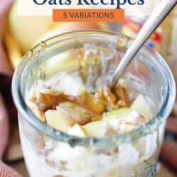 a jar of overnight oats topped with apples and honey.