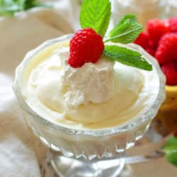homemade vanilla pudding in a dessert bowl topped with whipped cream, berries, and fresh mint
