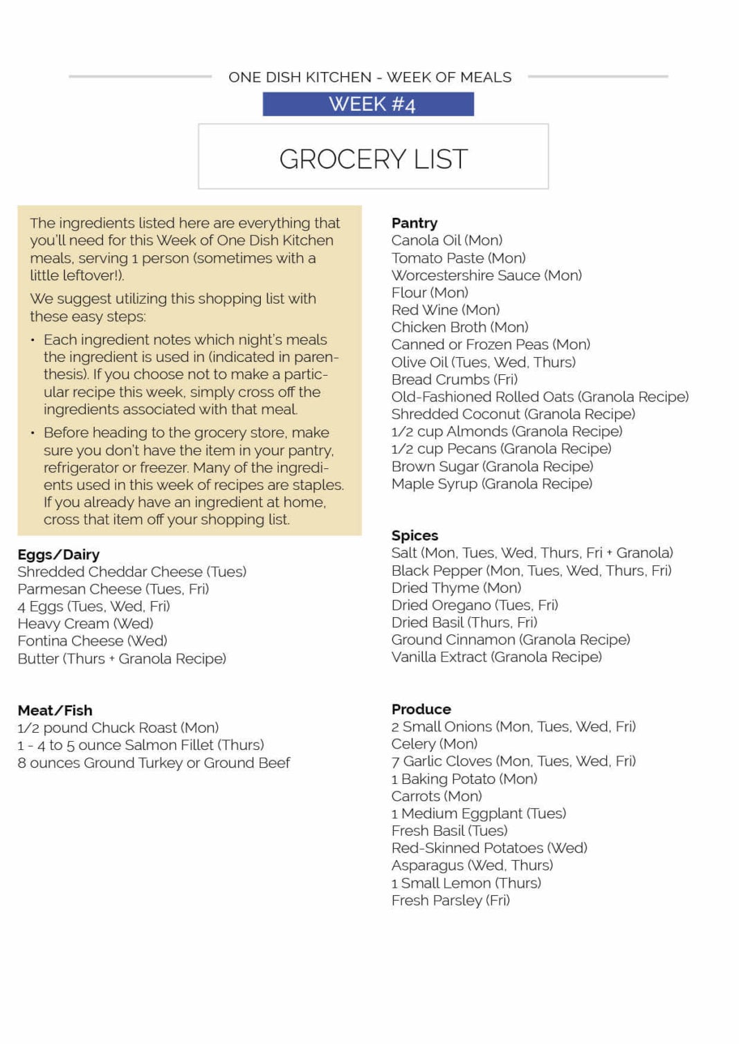 Week. Cooking List Weekly Meal Plan for One - Week 4 | One Dish Kitchen