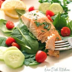 roasted salmon fillet on a bed of fresh spinach with a fork on the side of the plate.