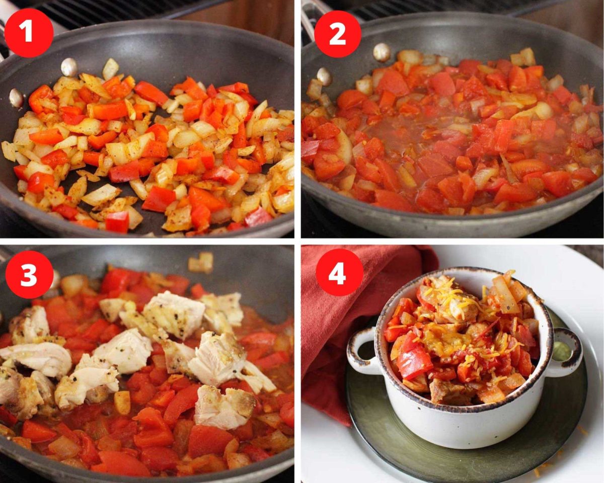 four photos showing the steps involved to make chicken chili. Onions and garlic sauteed in a skillet, another photo showing the addition of canned diced tomatoes and chicken.
