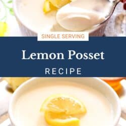 a small lemon posset next to a jar of honey and lemon slices on a silver tray.