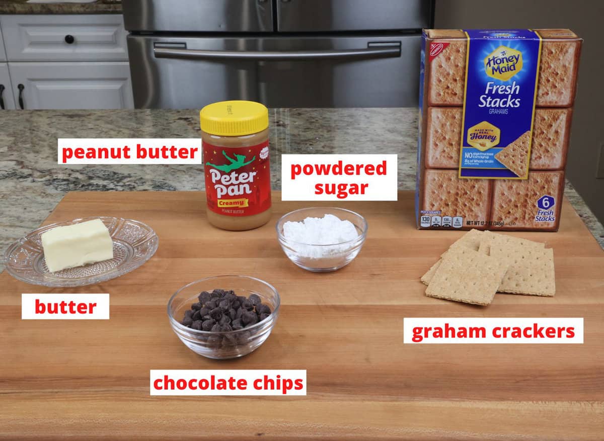 peanut butter bars ingredients on a kitchen counter.